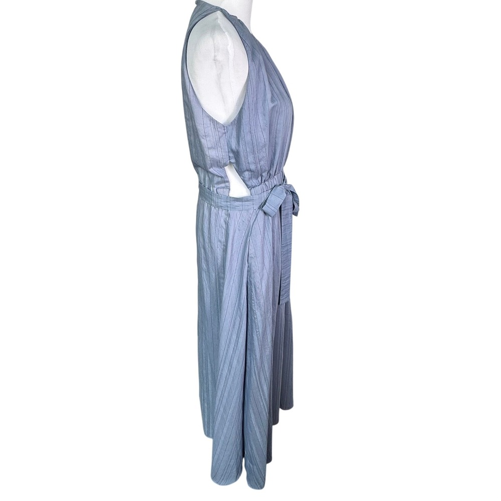 CHLOE DAO Women Large Pale Blue Pinstripe Sleeveless Tie Waist Halter Midi Dress - Picture 4 of 9